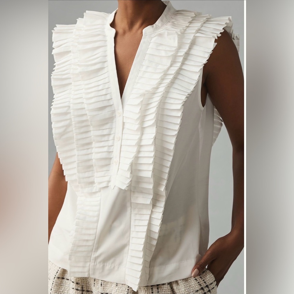 Maeve White Sleeveless Ruffle V-Neck Blouse
